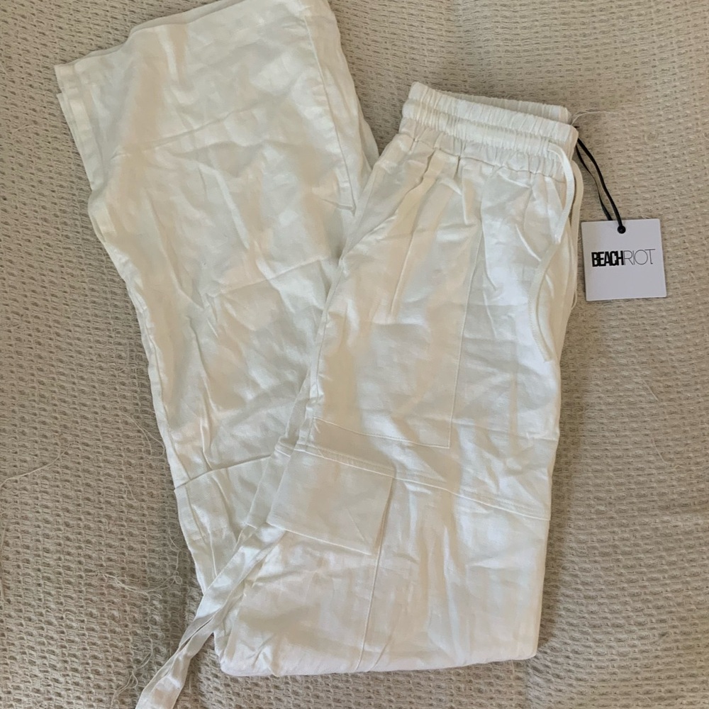 Beach Riot x Revolve Cotton Linen White Cargo Beach Pants Trousers New Tags